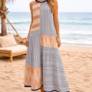 Anthro THML Mixed Print Patchwork Maxi Dress Boho Halter Neck Tiered Lagenlook